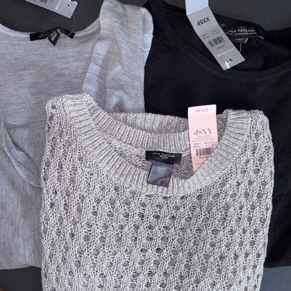 3 NWT Ann Taylor Women‎ XXSP Black Grey Merino Wool Sweater Bundle $240 MSRP